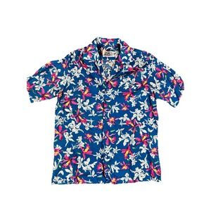 Hilo Hattie Hawaiian Shirt Men's Blue Pink Hibiscus Floral Hawaii Made #500 Lg